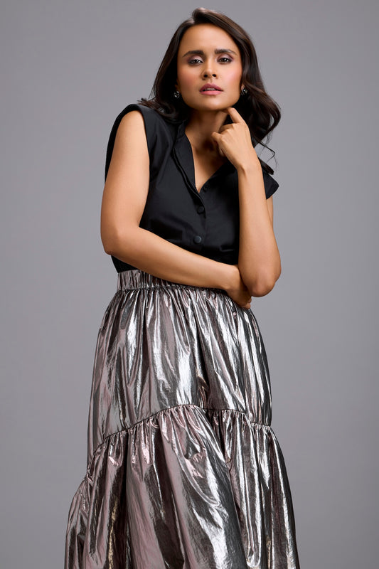 Sleeveless Shirt with Metallic Gunmetal High-Low Skirt