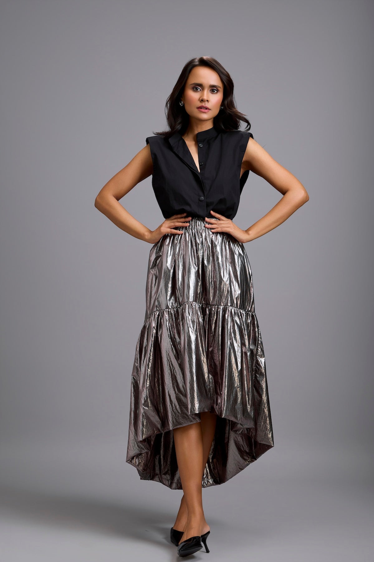 Sleeveless Shirt with Metallic Gunmetal High-Low Skirt
