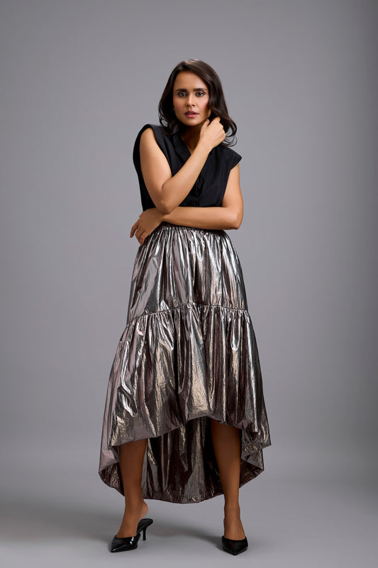 Sleeveless Shirt with Metallic Gunmetal High-Low Skirt