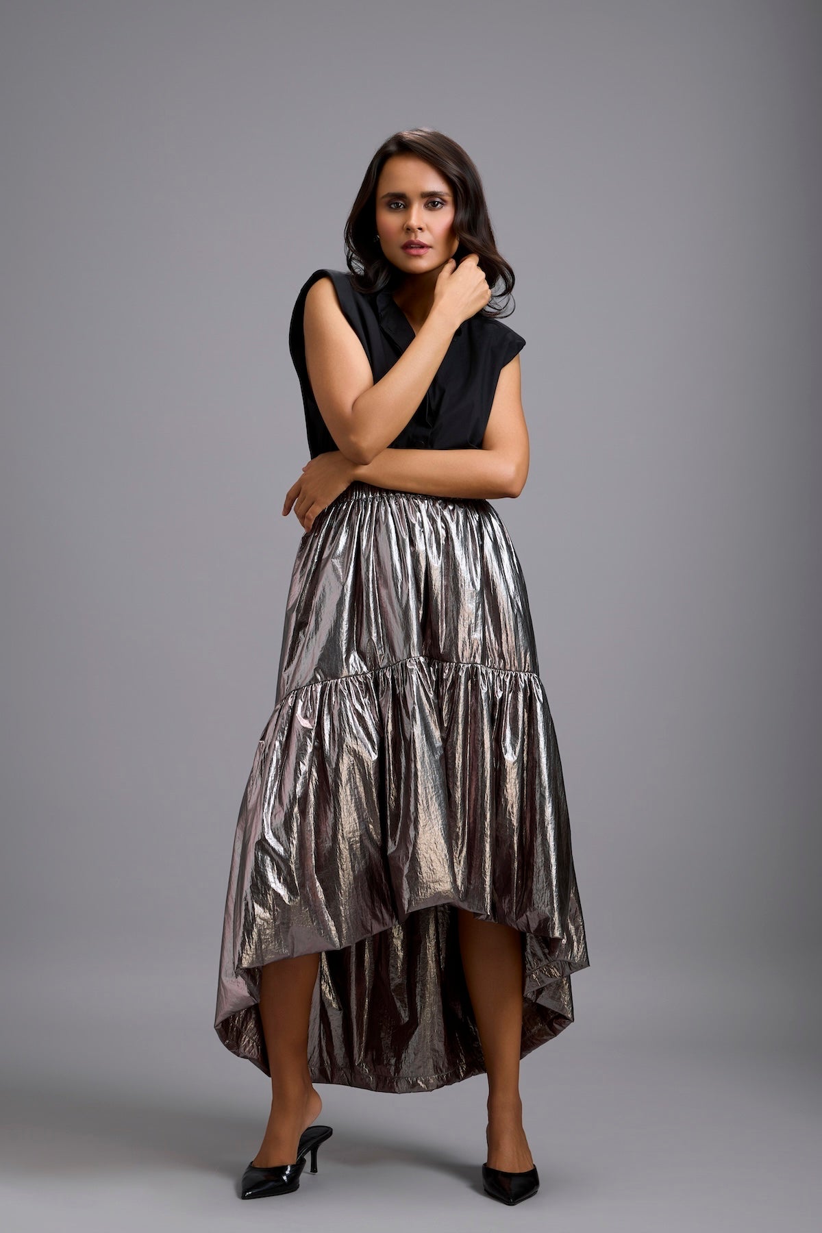 Metallic Gunmetal High-Low Skirt