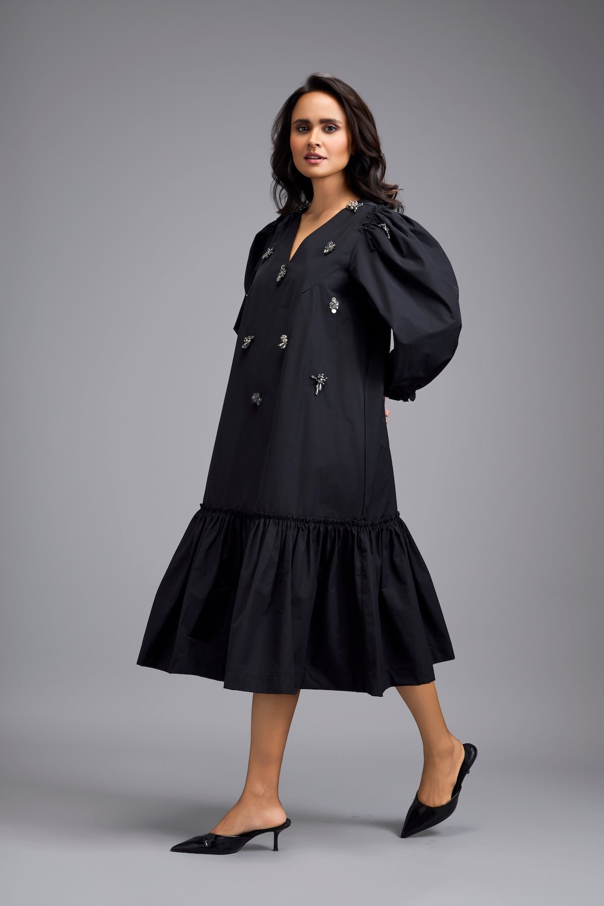 Black Long Gathered Hem Embellished Dress