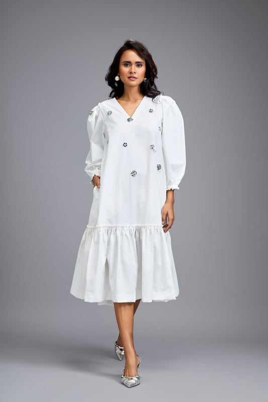 White Long Gathered Hem Embellished Dress