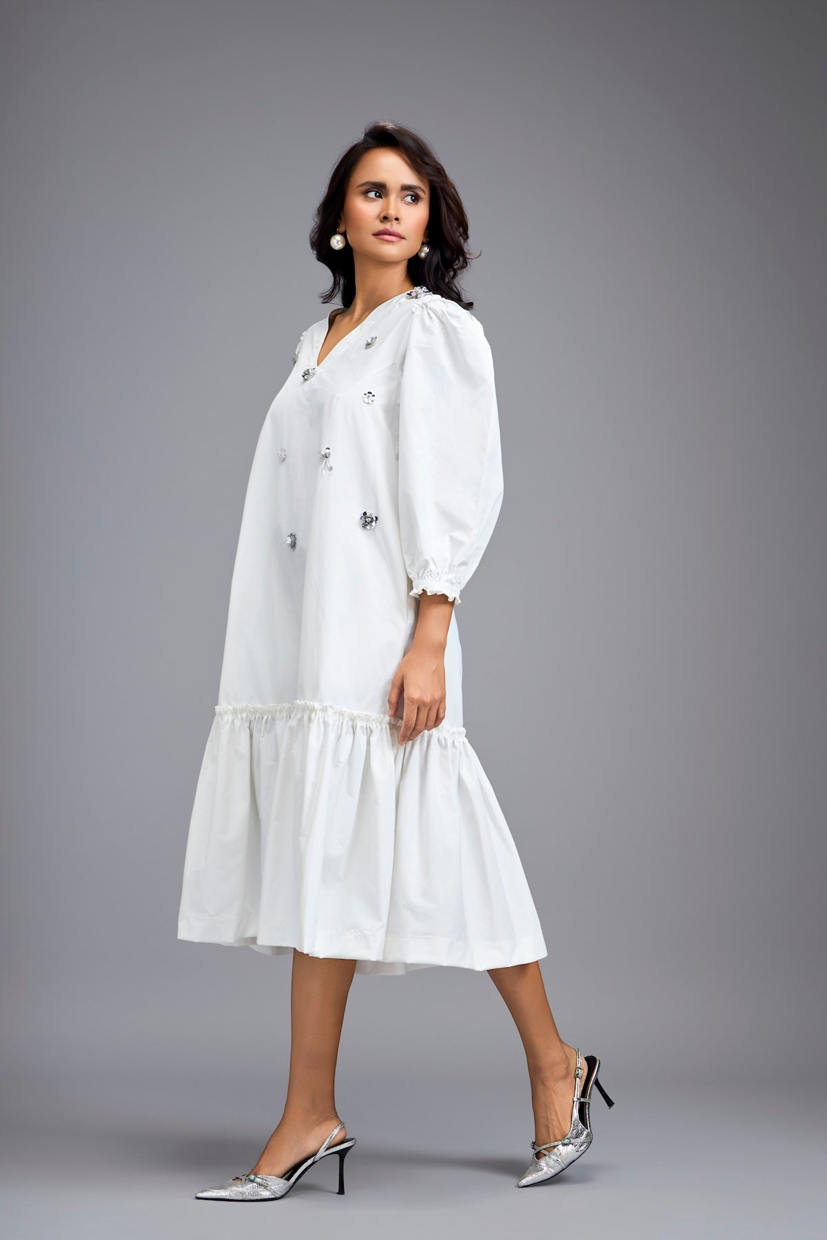 White Long Gathered Hem Embellished Dress
