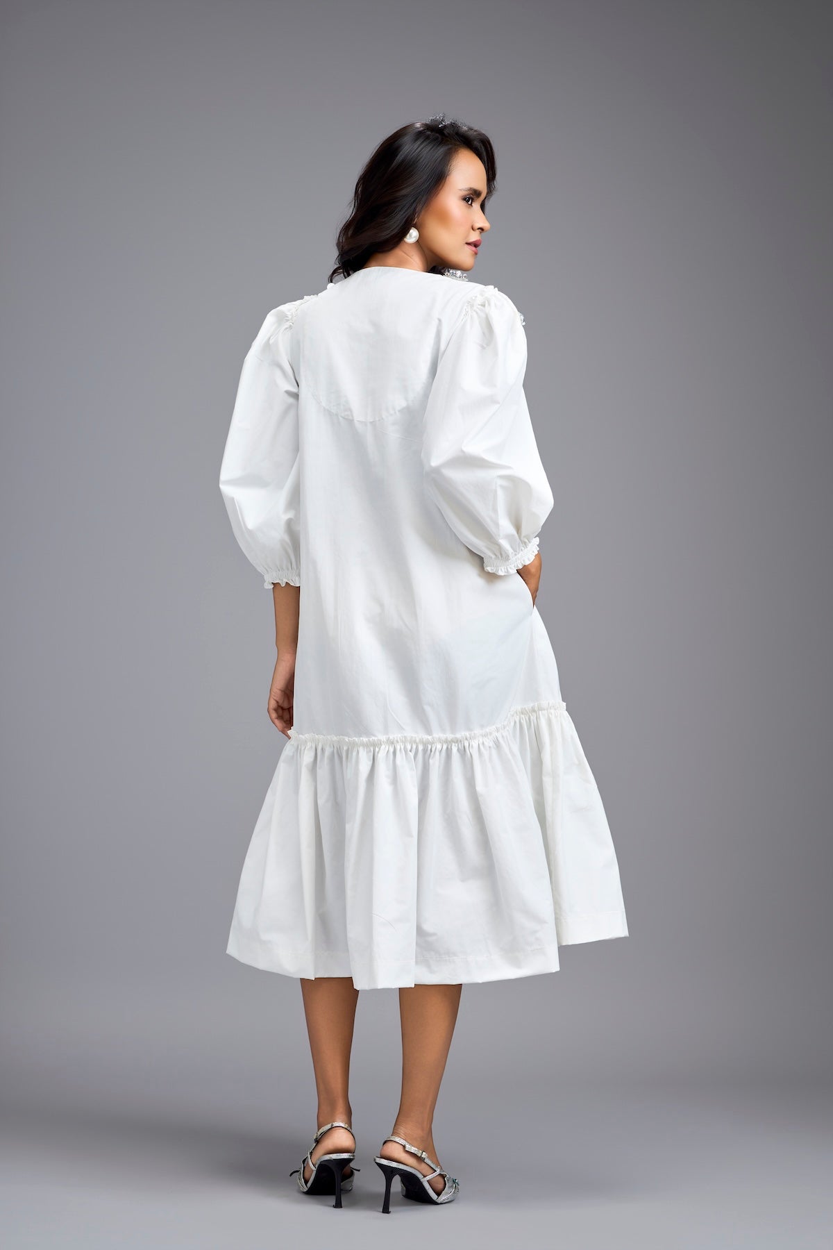 White Long Gathered Hem Embellished Dress