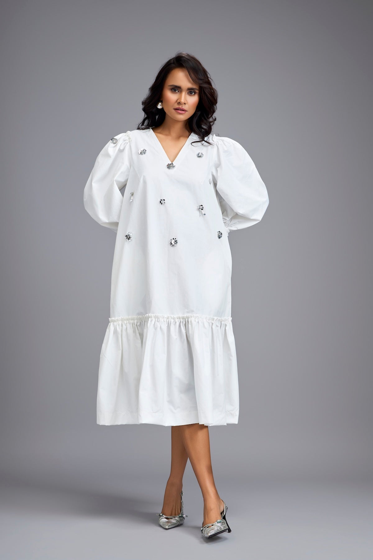 White Long Gathered Hem Embellished Dress