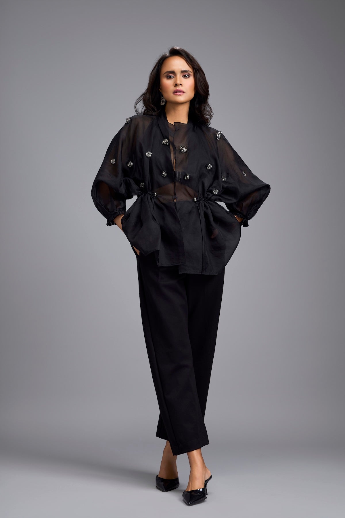 Black Organza Embellished Top With Pants