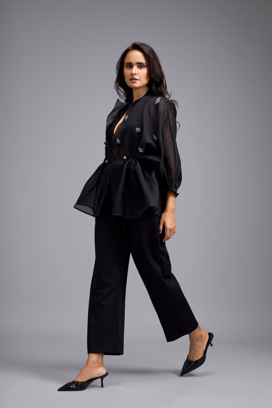 Black Organza Embellished Top With Pants