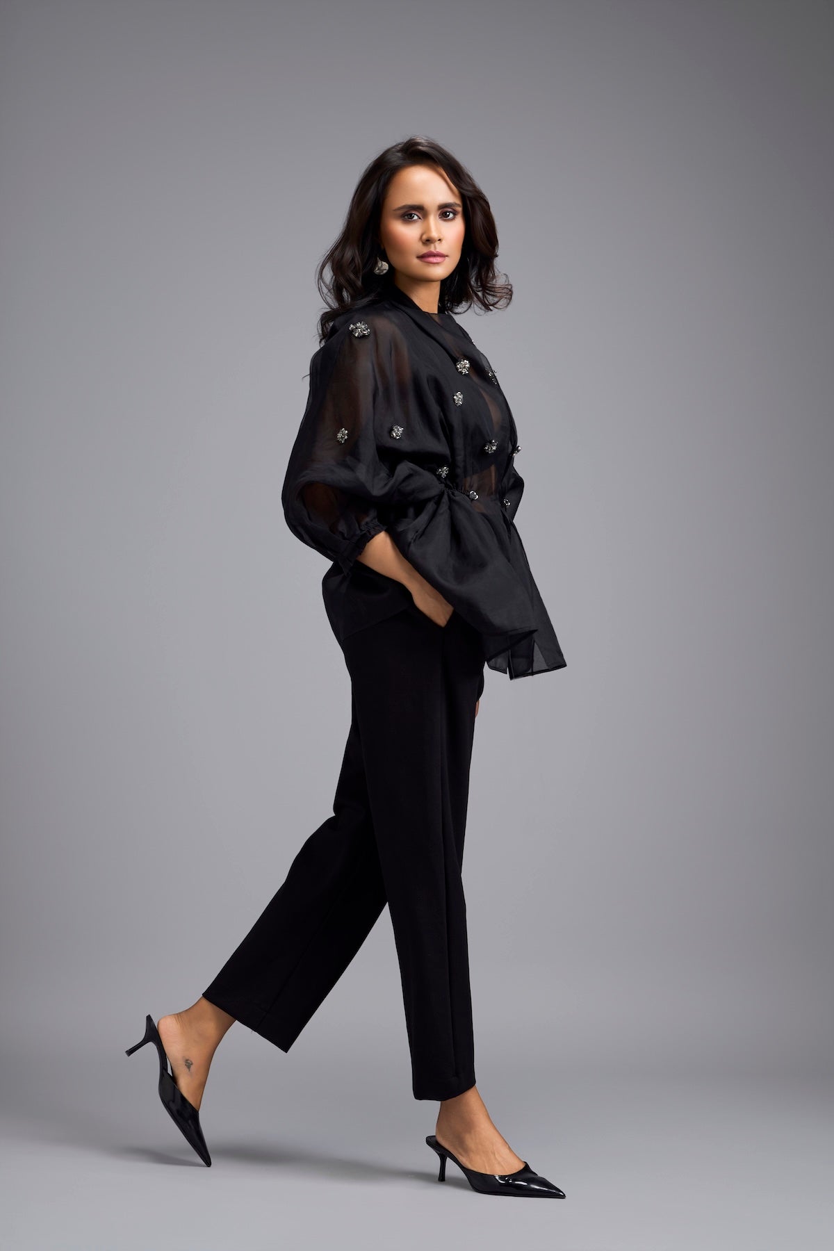 Black Organza Embellished Top With Pants