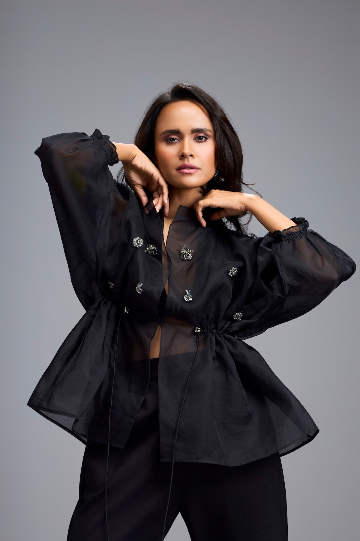 Black Organza Embellished Top With Pants