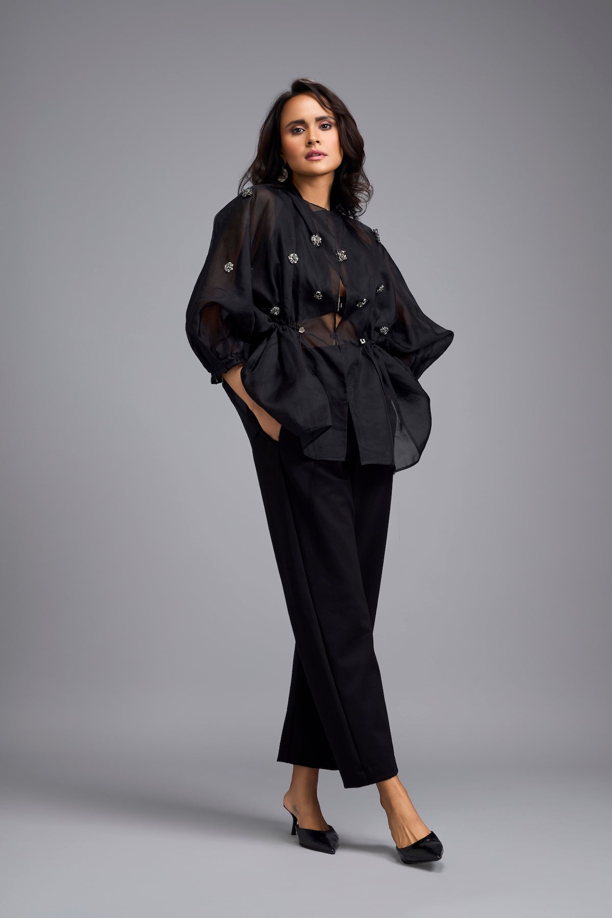 Black Organza Embellished Top With Pants