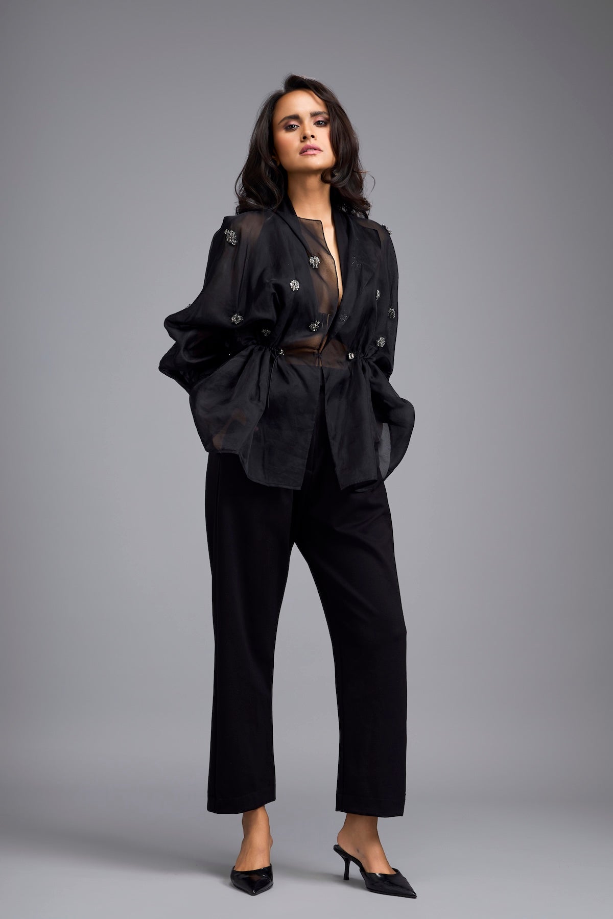 Black Organza Embellished Top With Pants