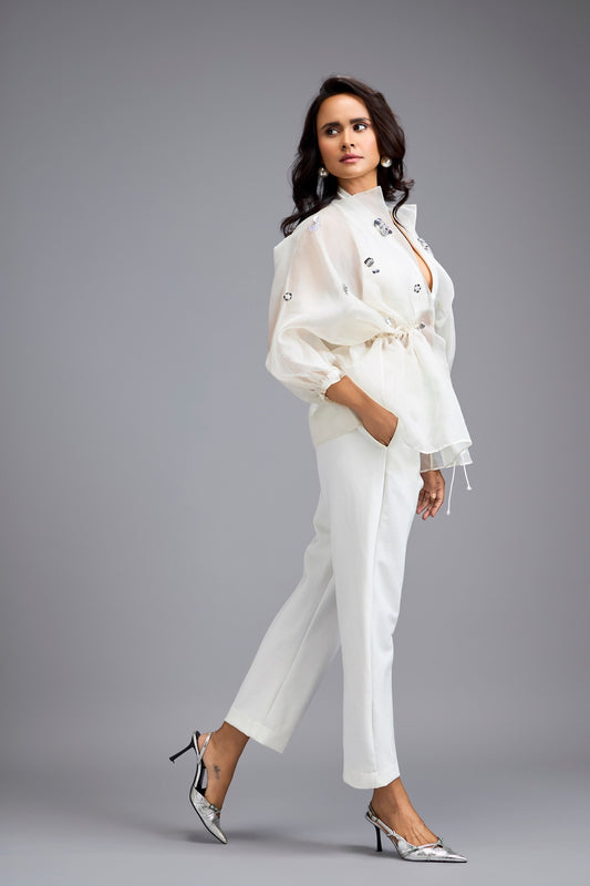 White Organza Embellished Top With Pants