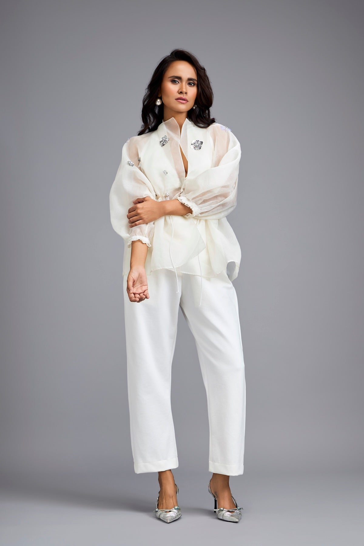 White Organza Embellished Top With Pants