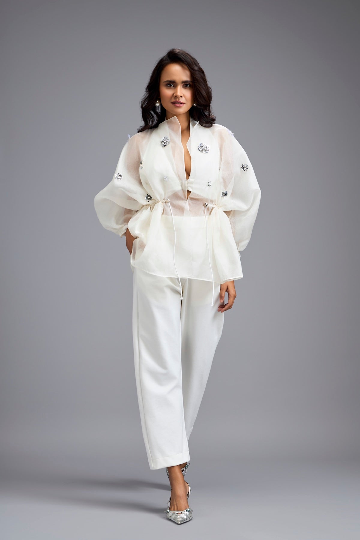 White Organza Embellished Top With Pants