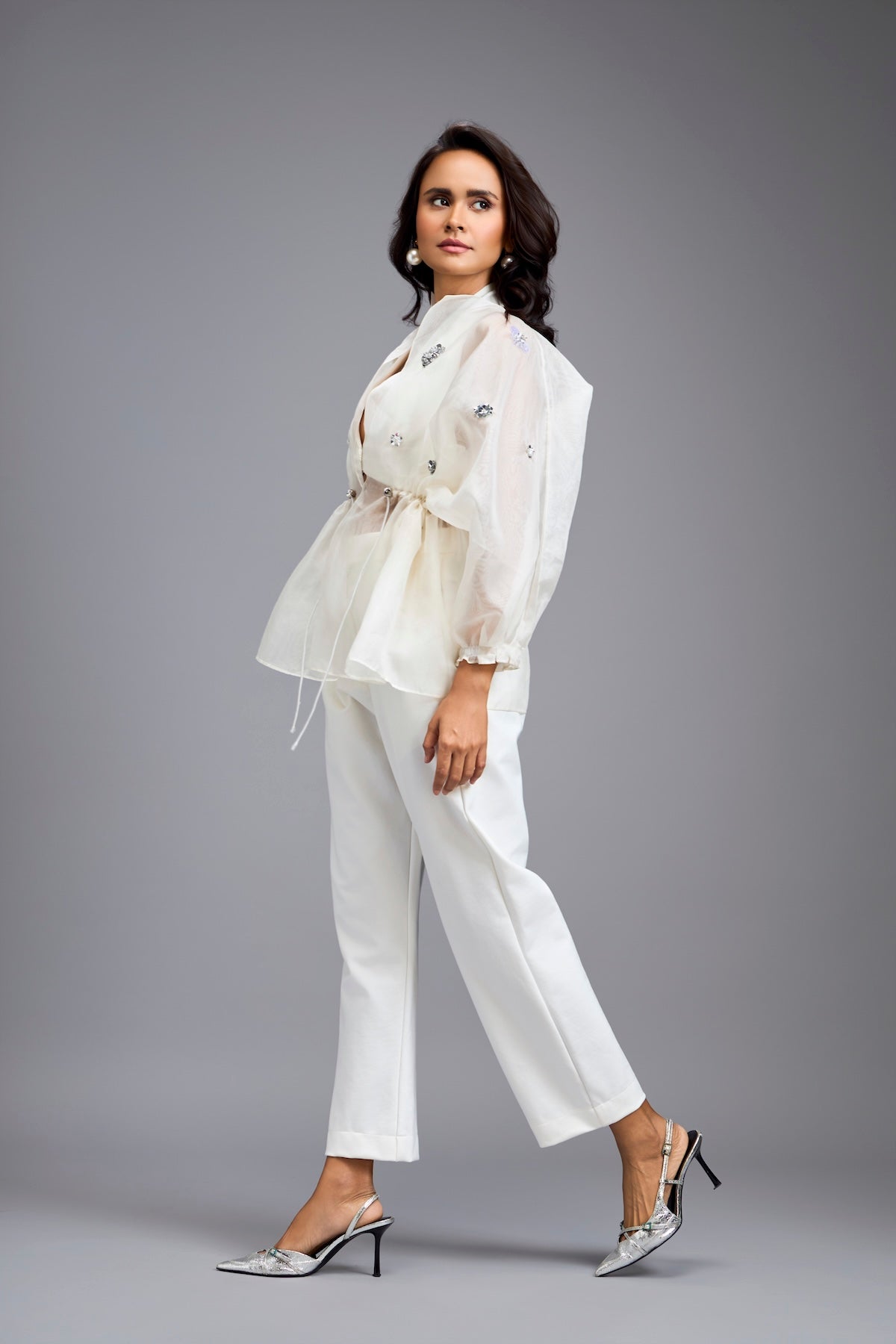 White Organza Embellished Top With Pants