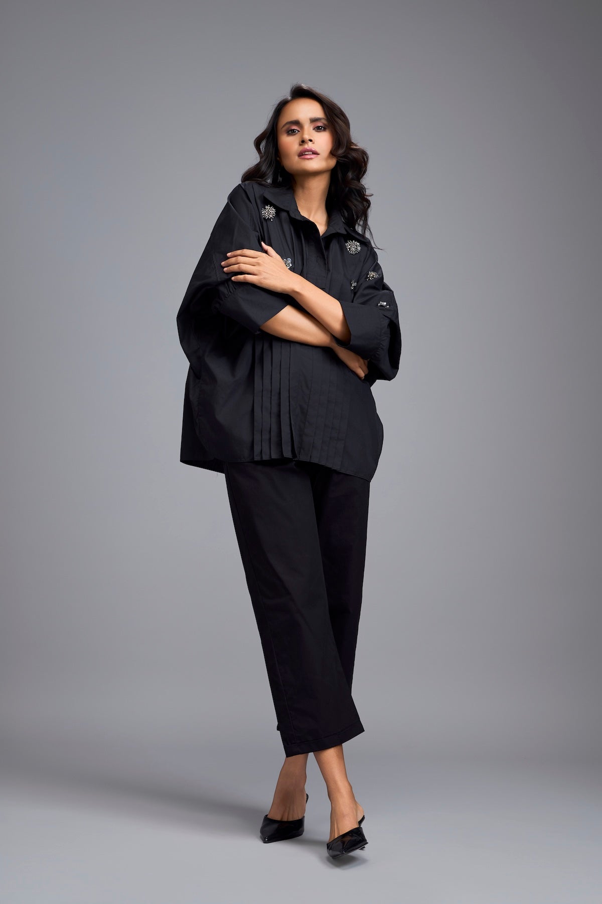 Black Embellished Button-down Shirt With Pants