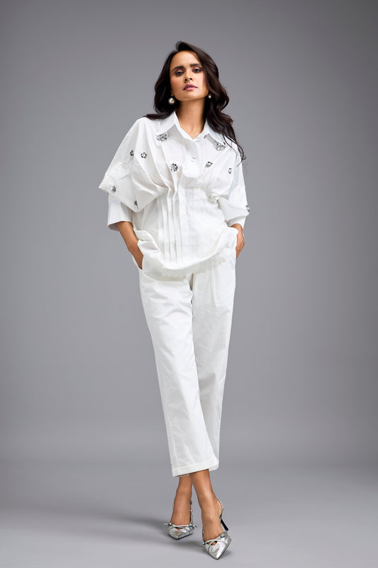 White Embellished Button-down Shirt With Pants
