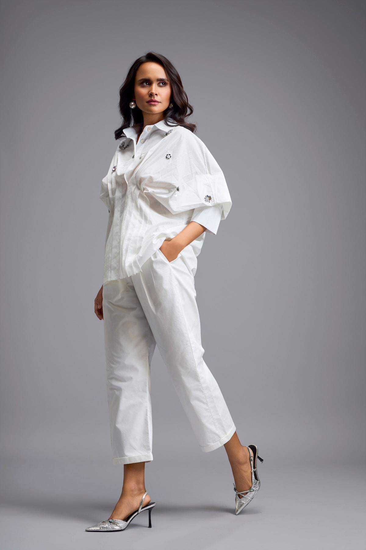 White Embellished Button-down Shirt With Pants