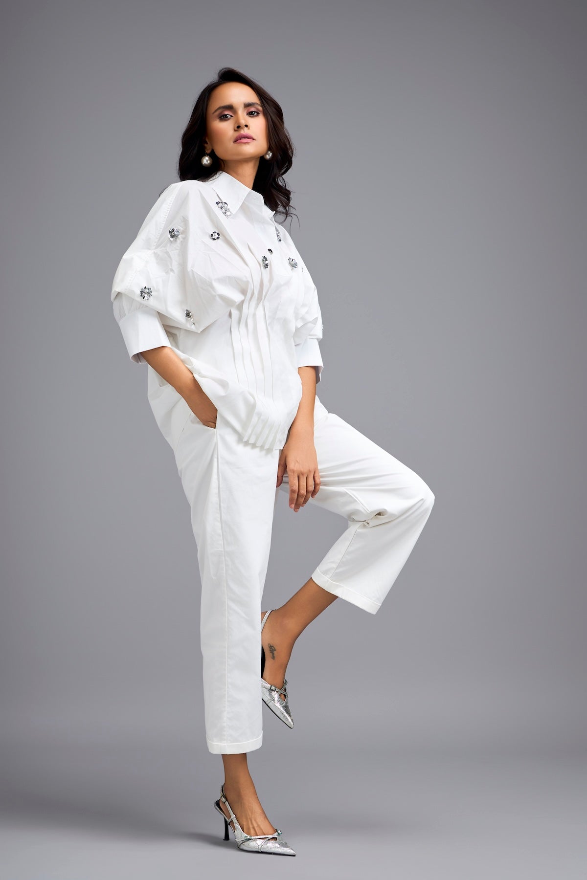White Embellished Button-down Shirt With Pants