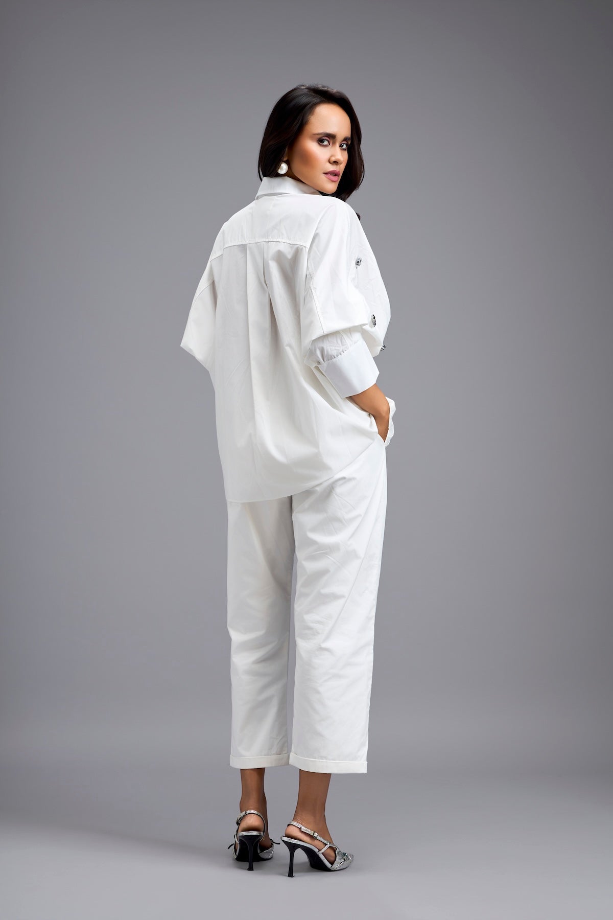 White Embellished Button-down Shirt With Pants