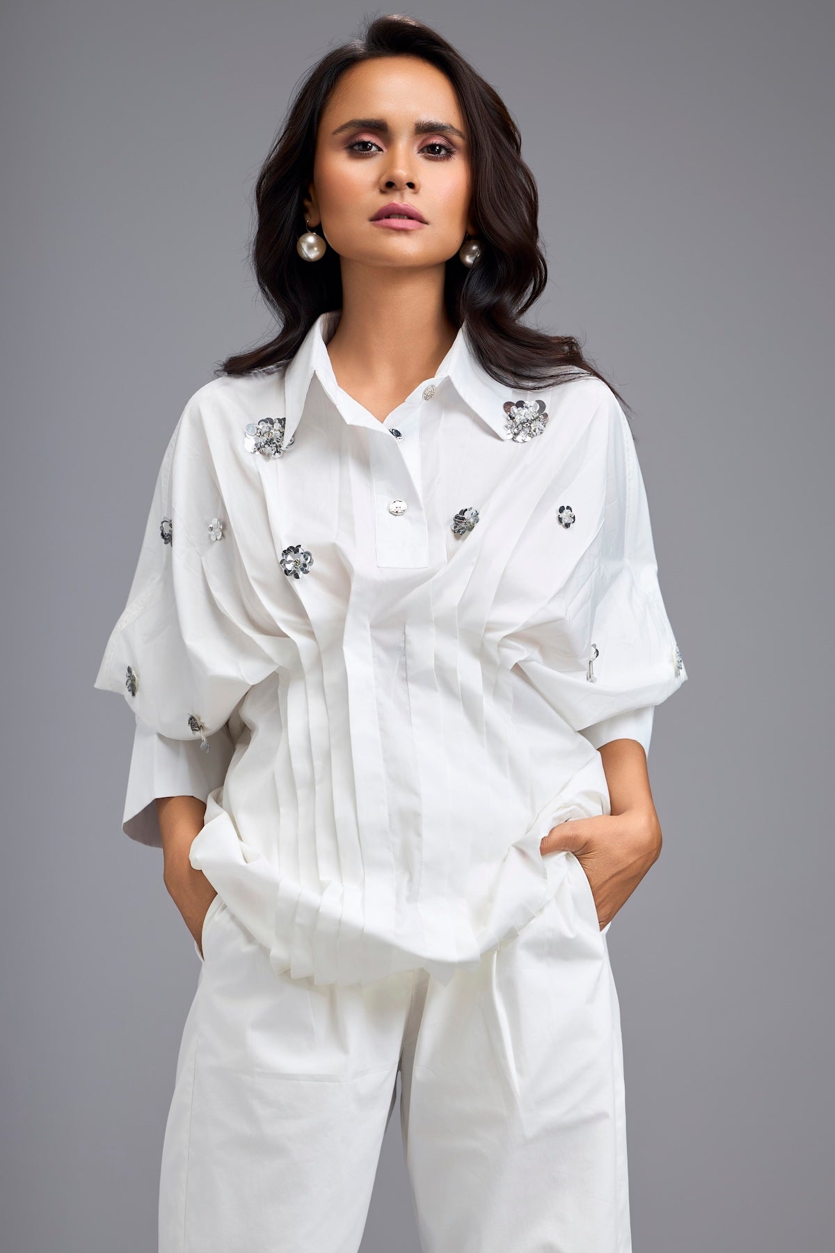 White Embellished Button-down Shirt With Pants