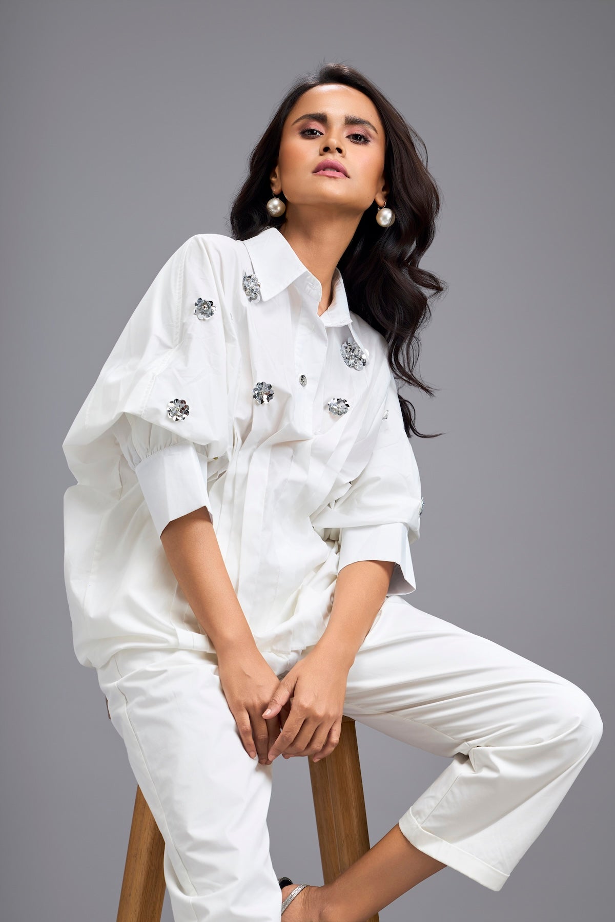 White Embellished Button-down Shirt With Pants