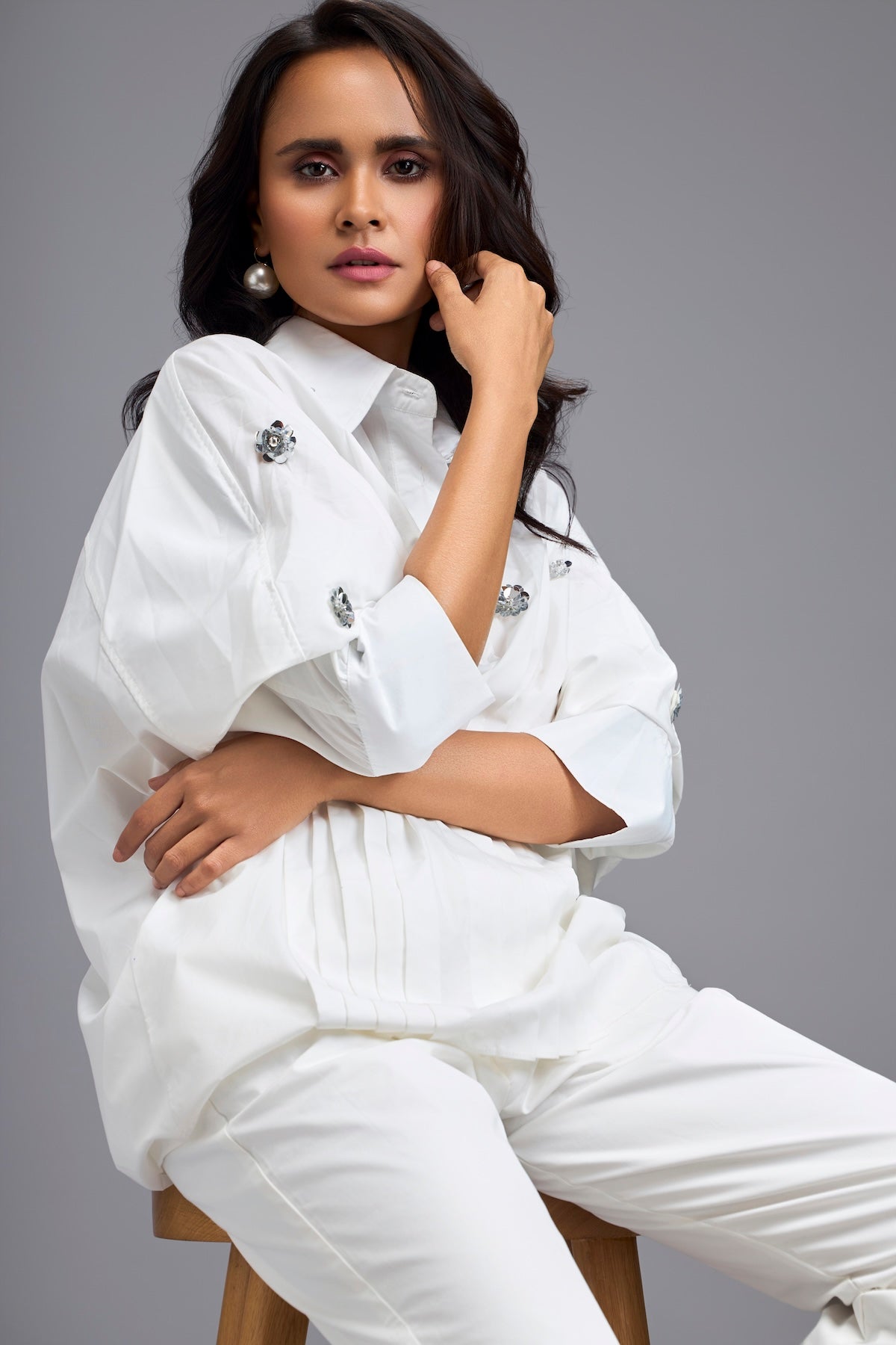 White Embellished Button-down Shirt With Pants
