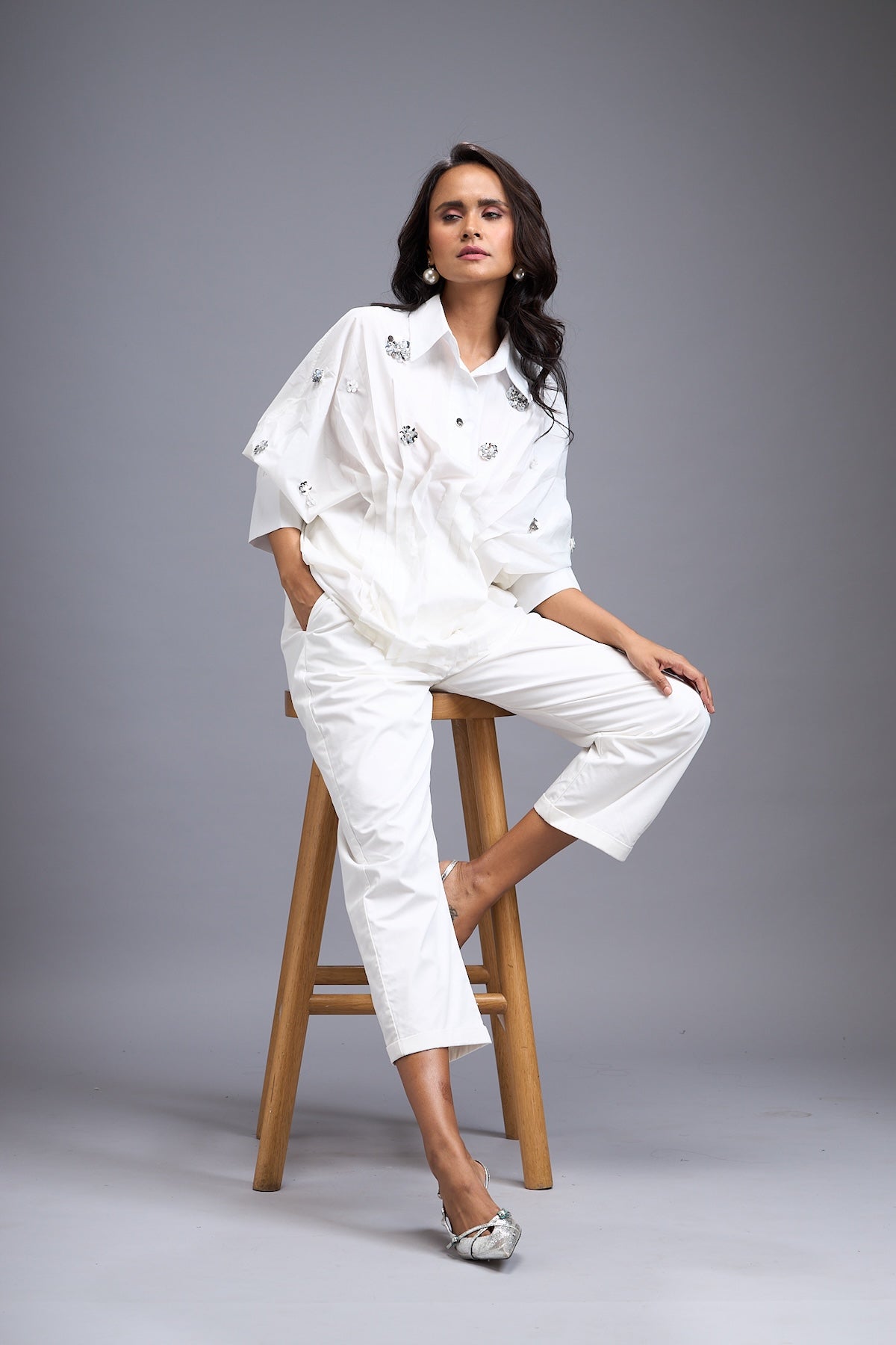 White Embellished Button-down Shirt With Pants