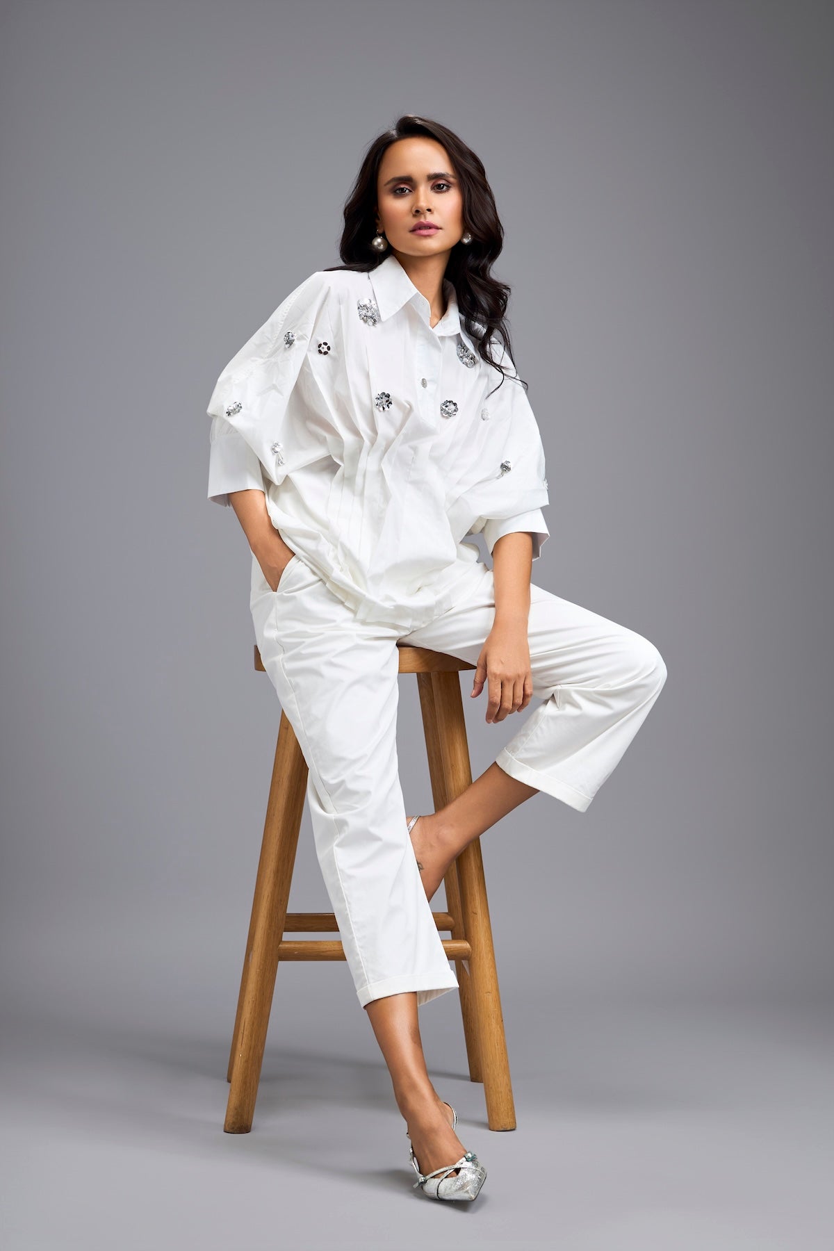 White Embellished Button-down Shirt With Pants