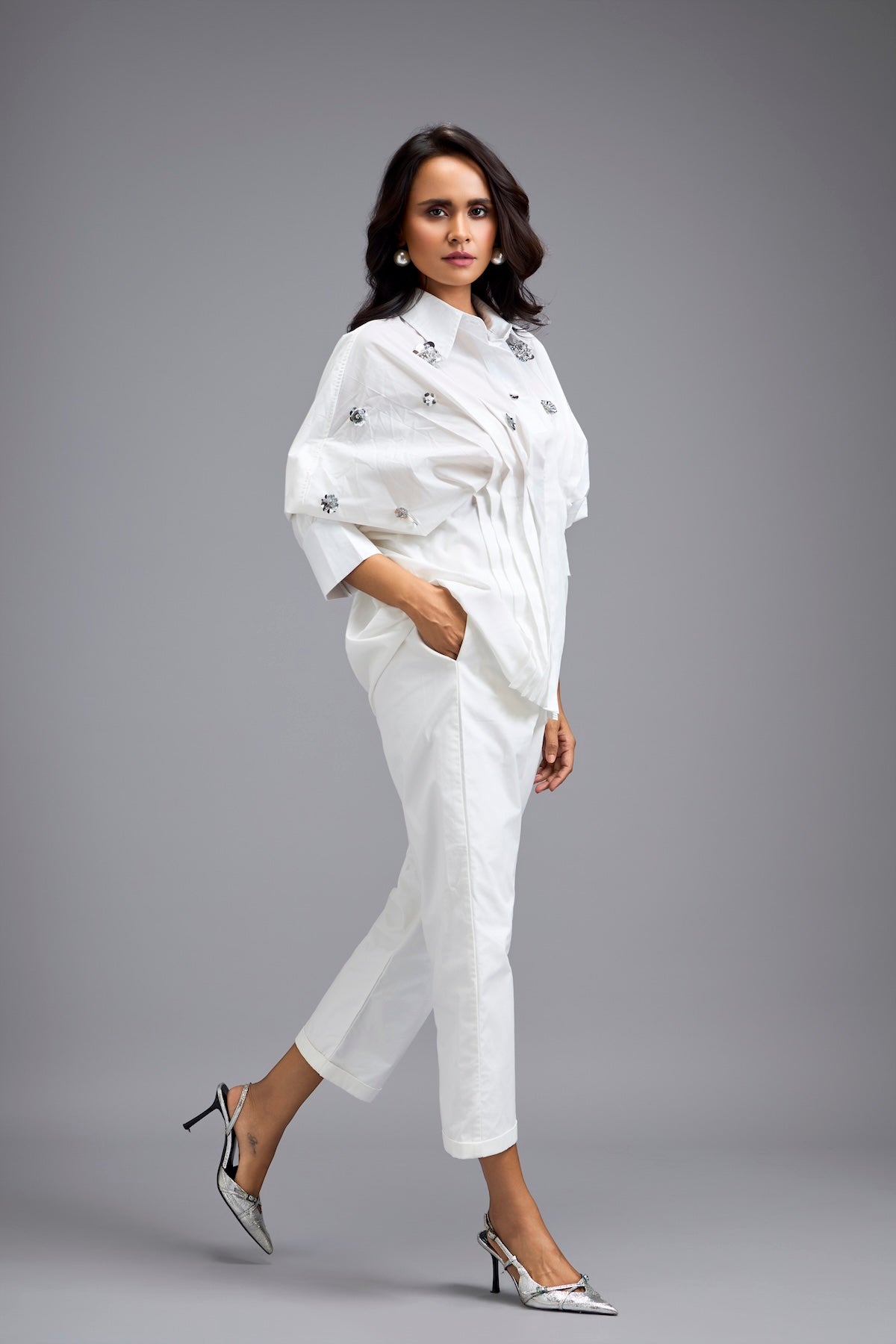 White Embellished Button-down Shirt With Pants