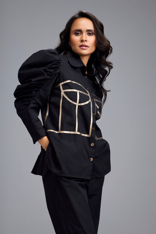 Black Puff-sleeve Corset Shirt