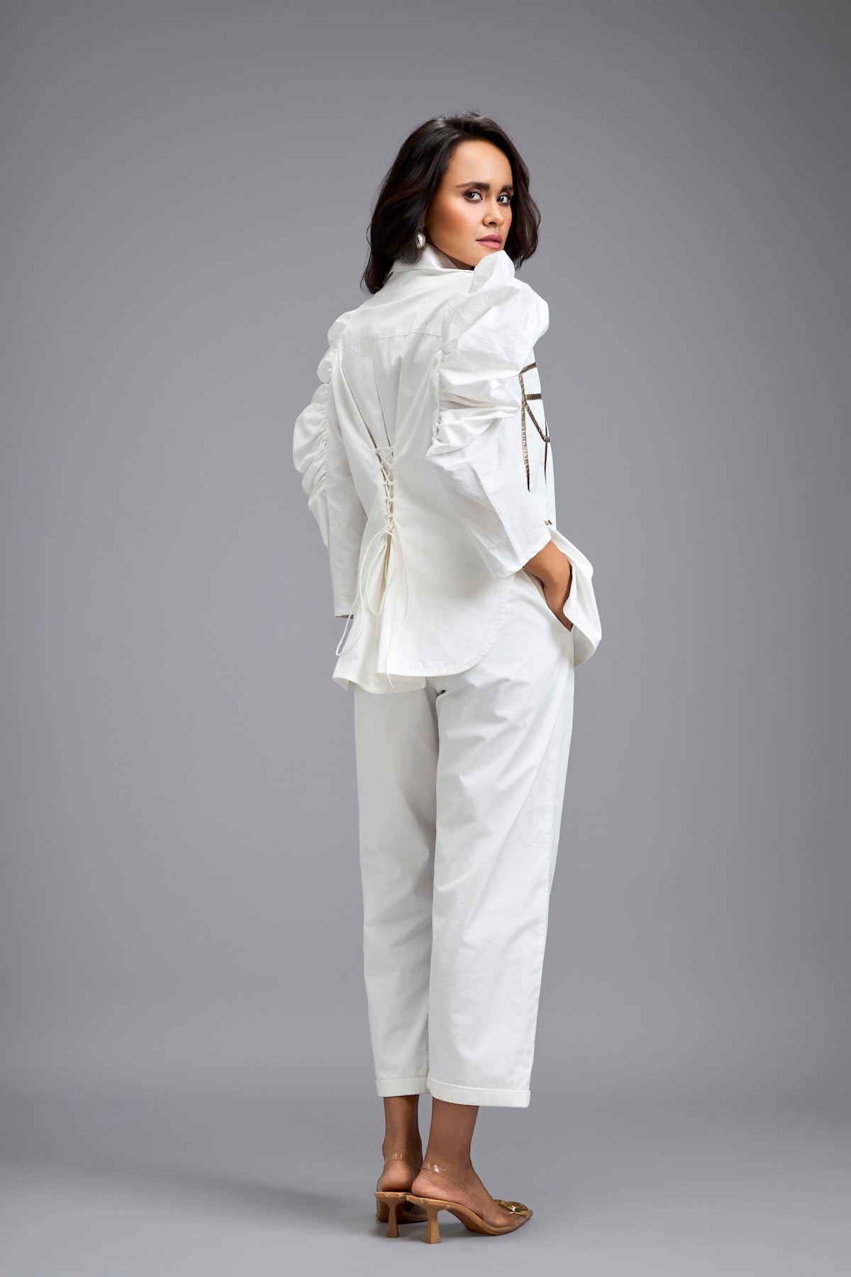 White Puff-sleeve Corset Shirt
