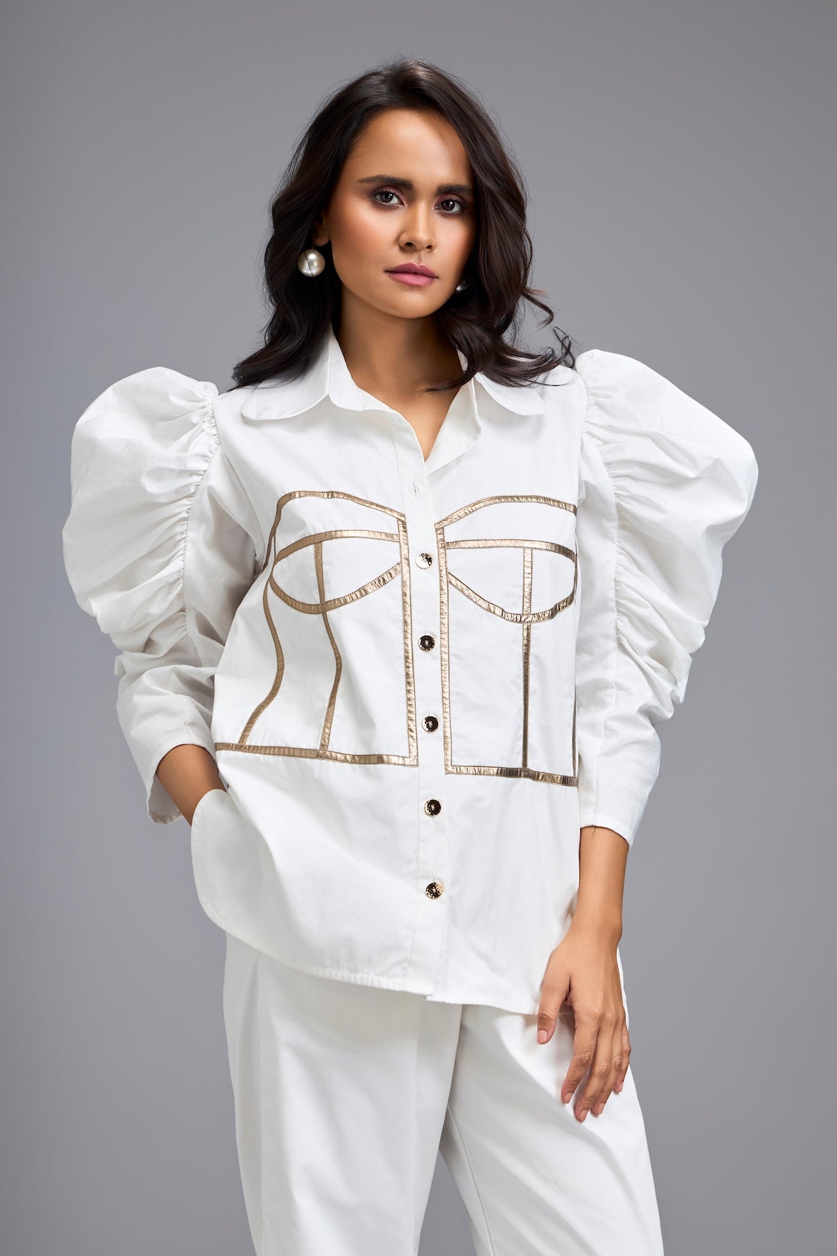 White Puff-sleeve Corset Shirt