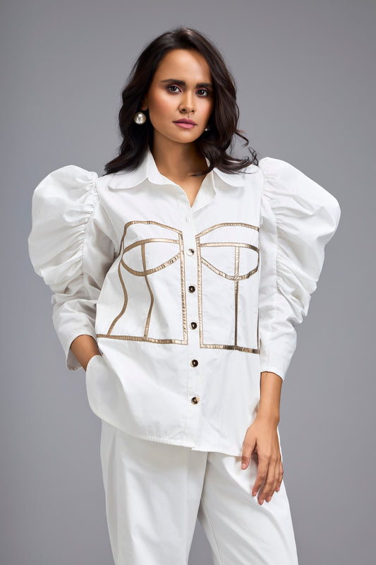 White Puff-sleeve Corset Shirt