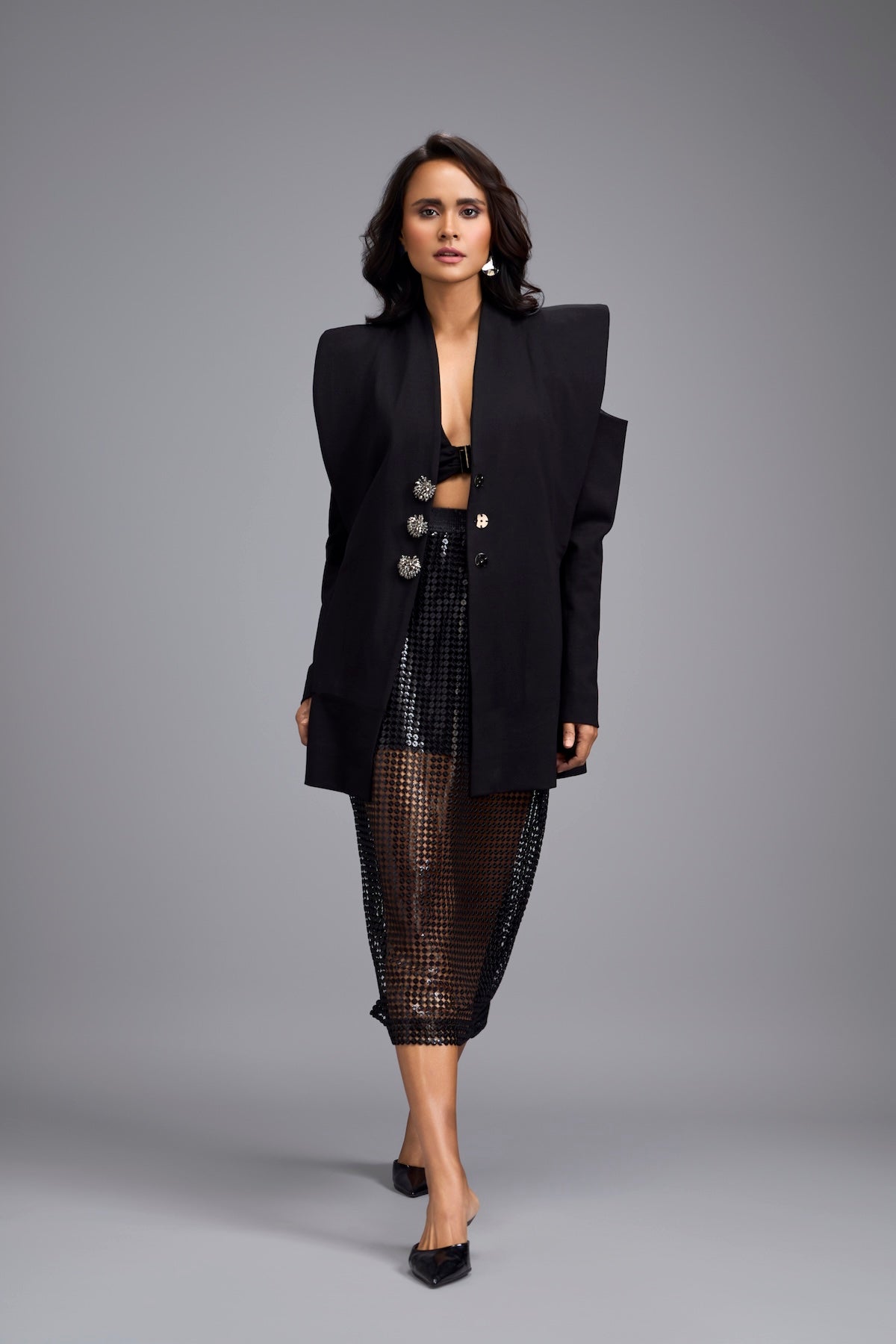 Black Cold-shoulder Embellished Button Blazer