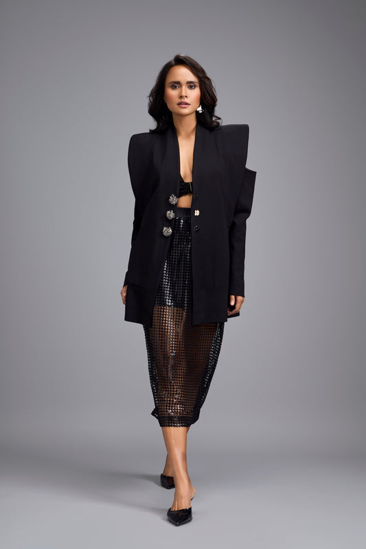 Black Cold Shoulder Blazer with Button Embellishments & Textured Skirt