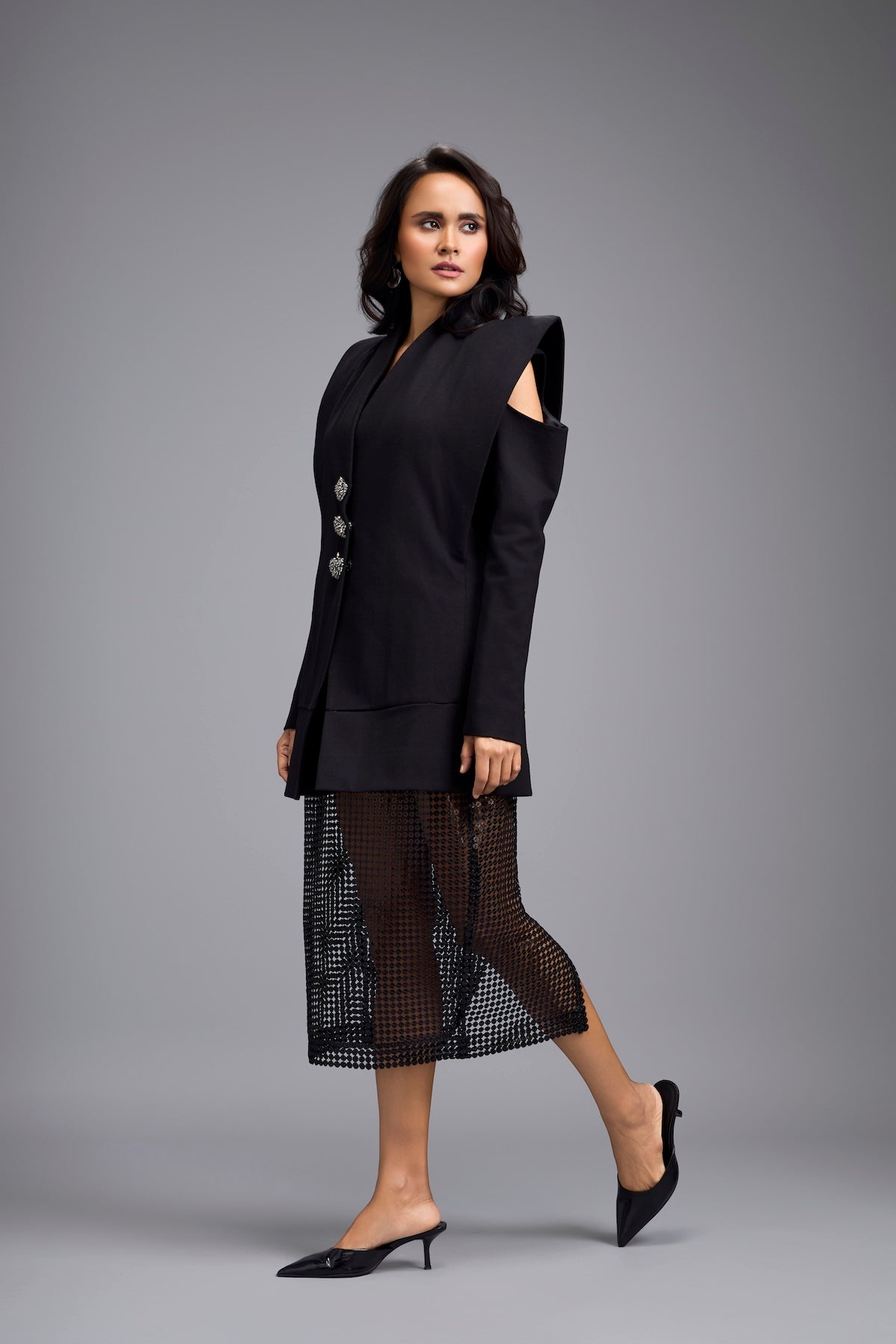 Black Cold-shoulder Embellished Button Blazer