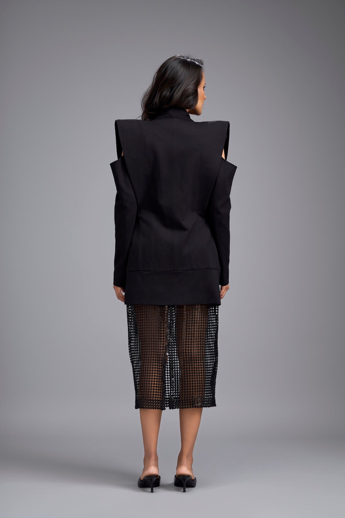 Black Cold-shoulder Embellished Button Blazer