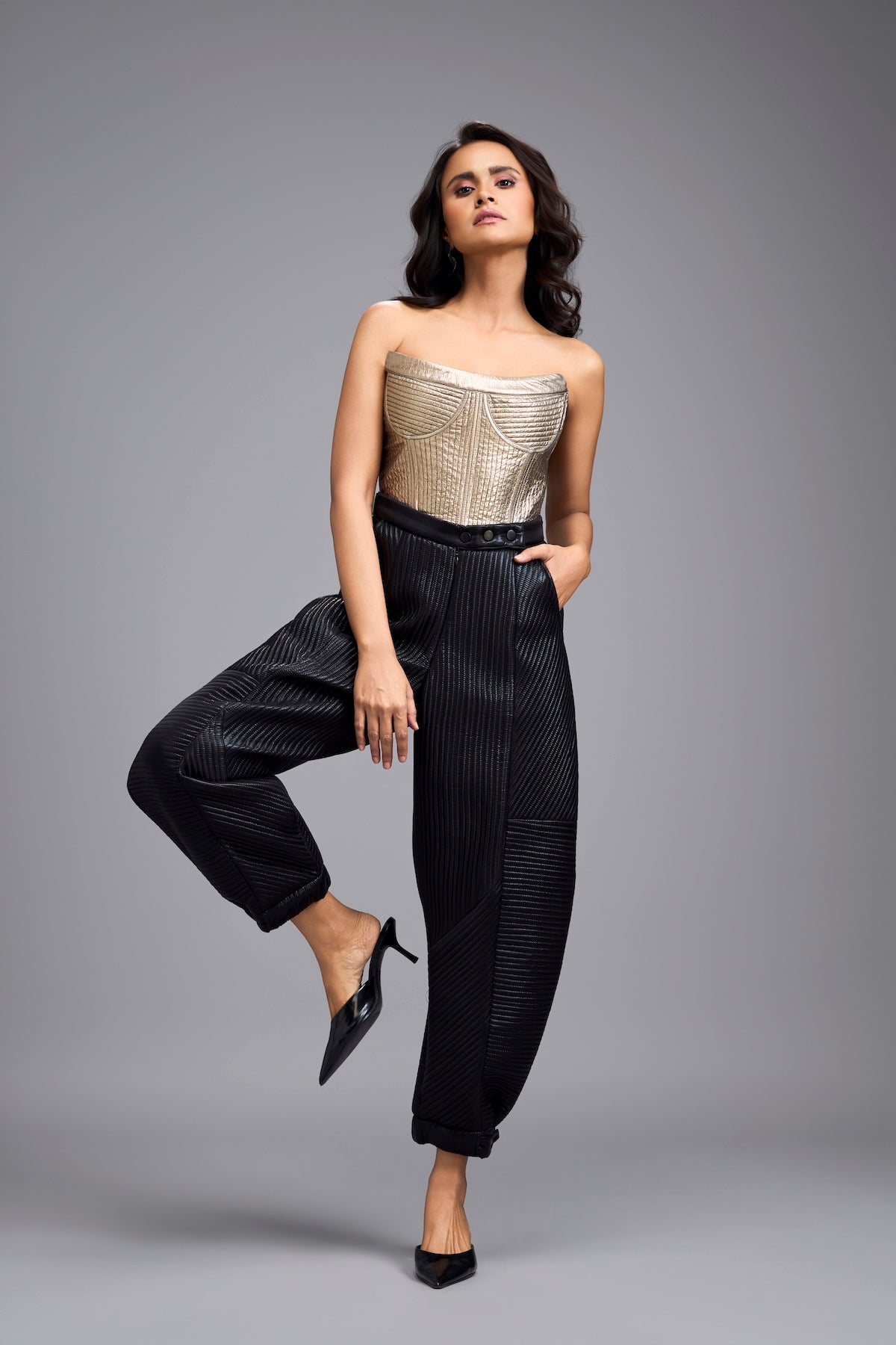 Black Metallic Quilted Pants