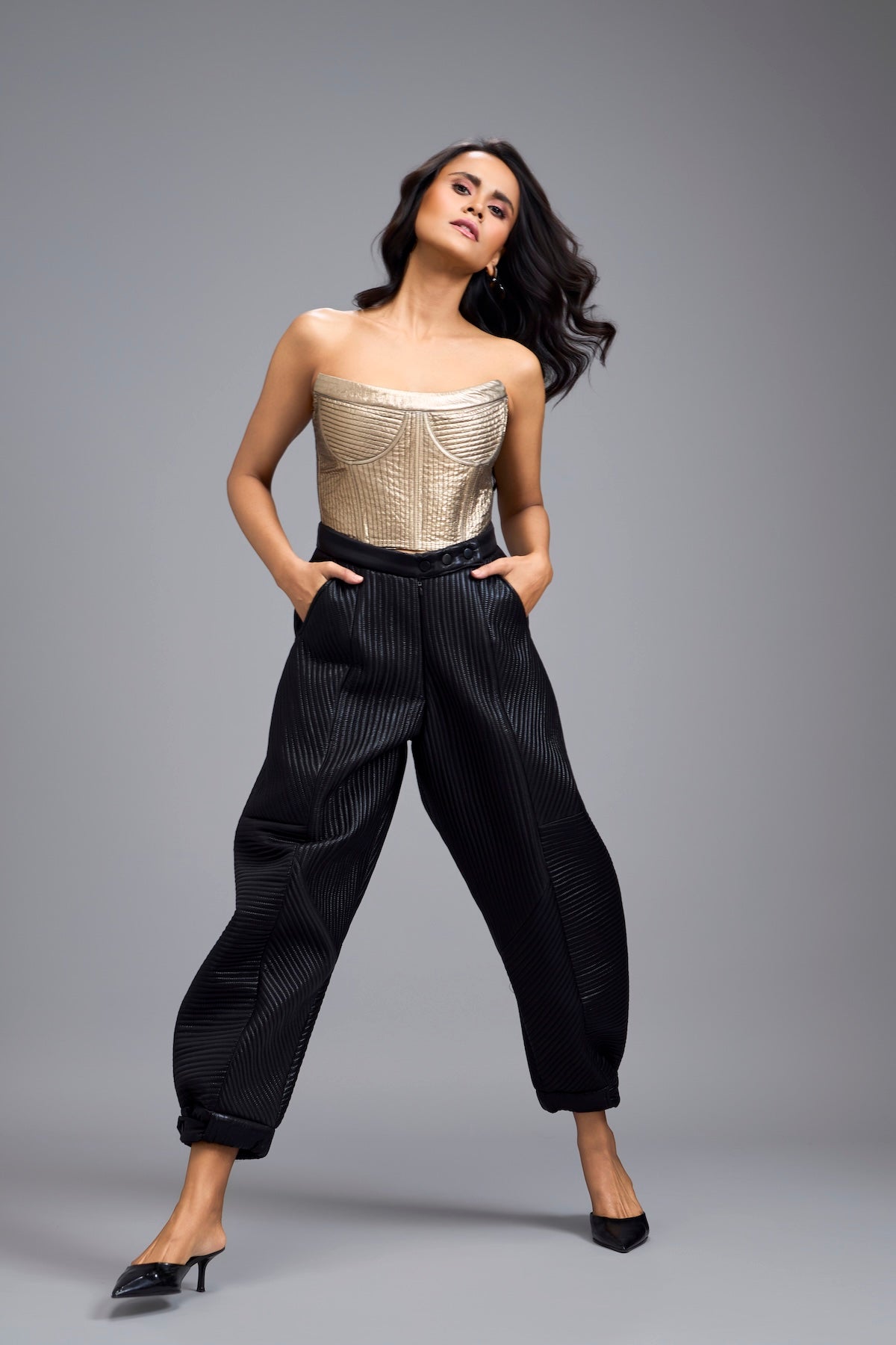 Black Metallic Quilted Pants