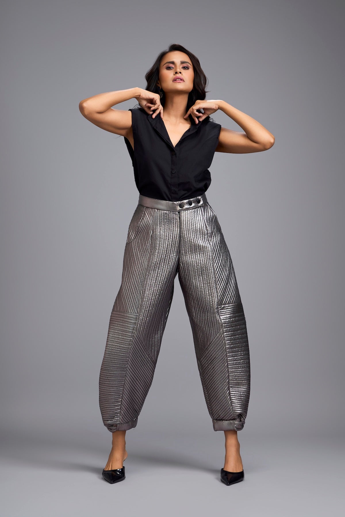 Gunmetal Metallic Quilted Pants