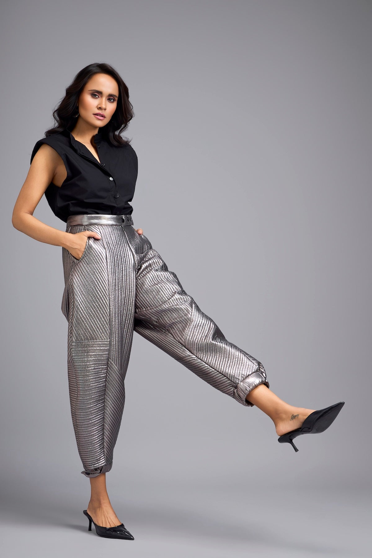 Gunmetal Metallic Quilted Pants