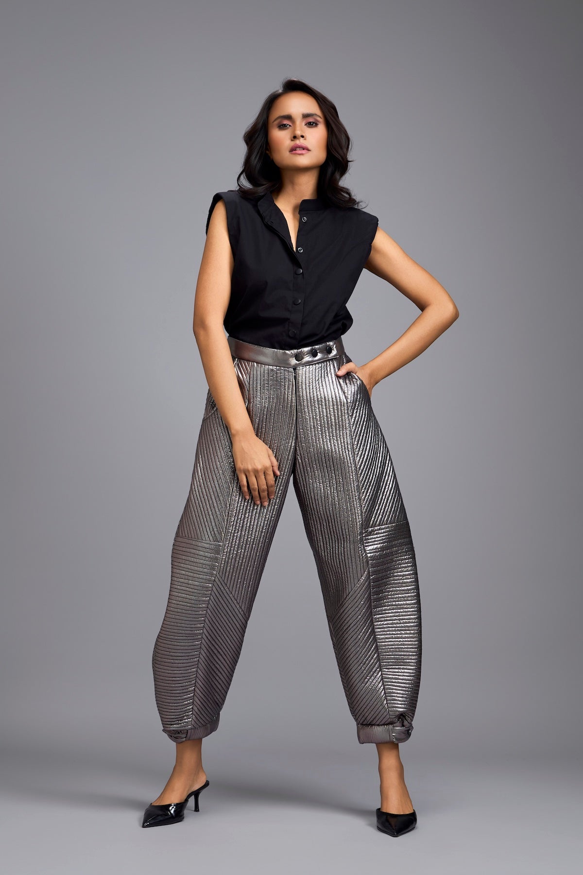 Gunmetal Metallic Quilted Pants