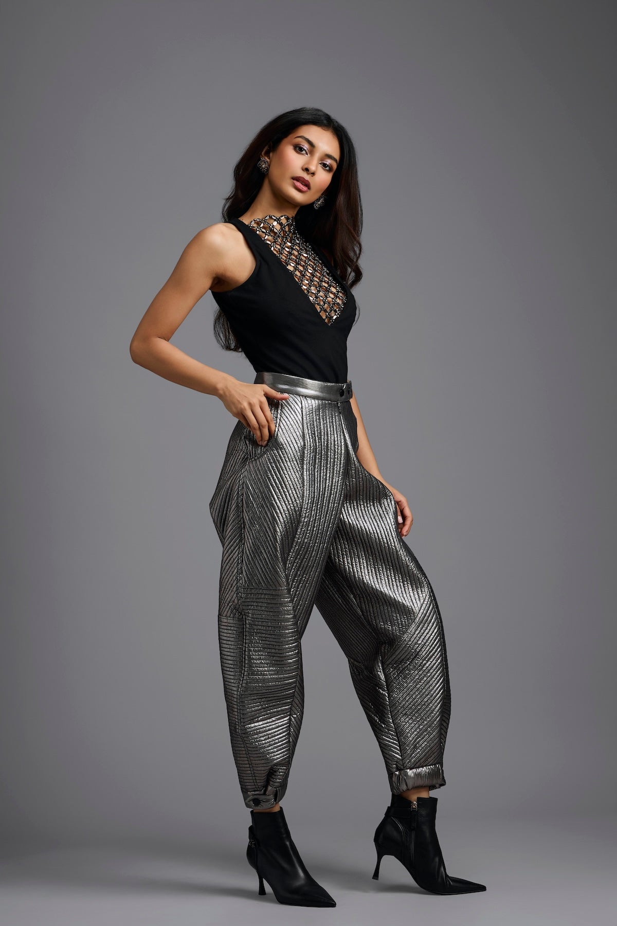 Black Beaded Lattice High-Neck Top