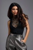 Load image into Gallery viewer, Black Beaded Lattice High-Neck Top
