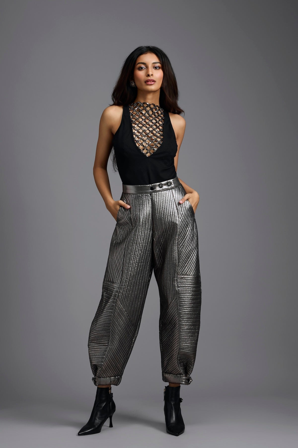 Black Beaded Lattice High-Neck Top