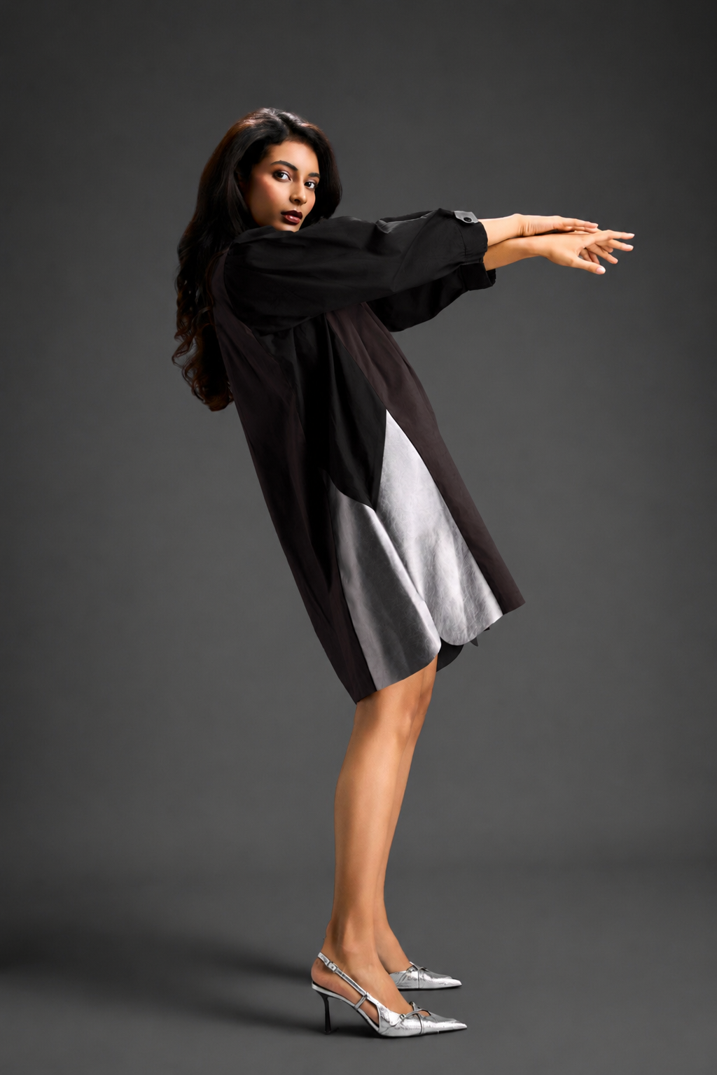 Colourblock Tunic Dress In Dark Brown And Black With Metallic Silver Side Panels