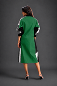 Load image into Gallery viewer, Statement Colourblock Midi Dress In Parrot Green With Contrast Metallic Silver Side Panels And Balloon Sleeves
