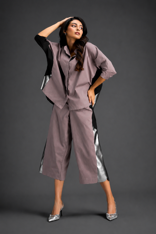 Relaxed Ash Pink Co-ord With Loose-fit Dramatic-sleeve Shirt And Wide-leg Pants With Metallic Side Panels.