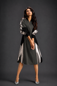 Load image into Gallery viewer, Statement Colourblock Midi Dress In Dark Green With Contrast Metallic Silver Side Panels And Balloon Sleeves
